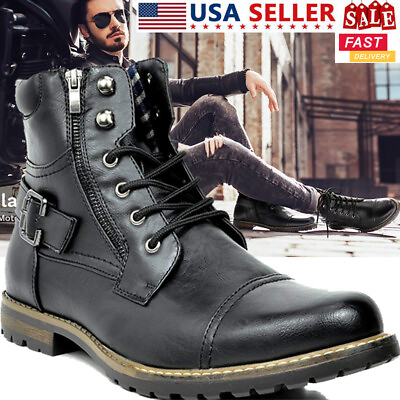 #ad Men Motorcycle Combat Boots Military Boots Riding Ankle Leather Boots Black Size $37.04