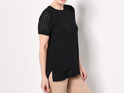 #ad Isaac Mizrahi Live Layered Tee with Knit Eyelet Sleeve Pitch Black Large $18.99