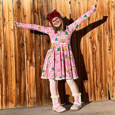#ad Eleanor Rose Christmas Dress sz 10 12 Pockets Gingerbread House Snowman Pink Fun $74.00