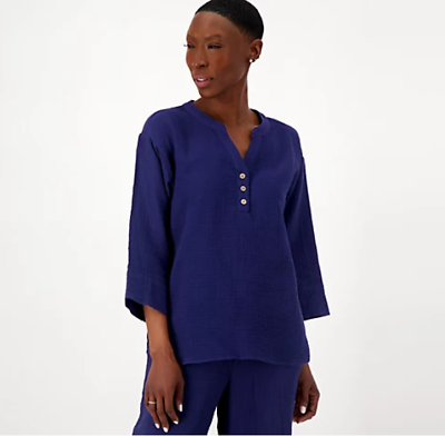 #ad Isaac Mizrahi Live Women Top Sz L Bridgehampton Gauze Shirt Blue A598188 $23.19