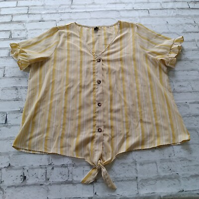 #ad Shein Curve Womens Top 1X Yellow Striped Knot Tie Front Short Sleeve Blouse $17.98
