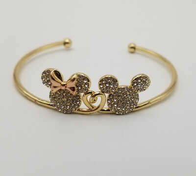 #ad Disney Mickey amp; Minnie Mouse Pave Crystal Cuff Bracelet Gold Tone Heart Bangle $25.00