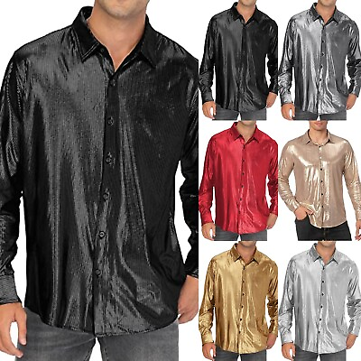 #ad Mens Casual Dress Shirt Sequined Button Up Shirt Cosplay Clothing Lapel ZF $21.17
