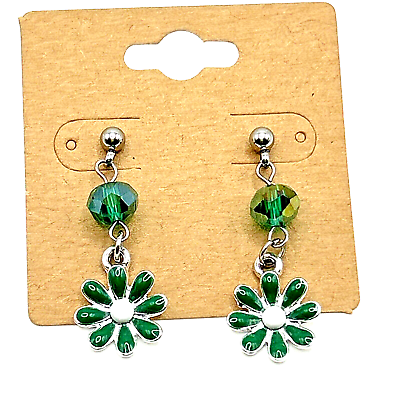 #ad SPRING BLOOMS Daisy Flower Enamel amp; Glass Dangle Drop Post Stud Earrings GREEN $2.50