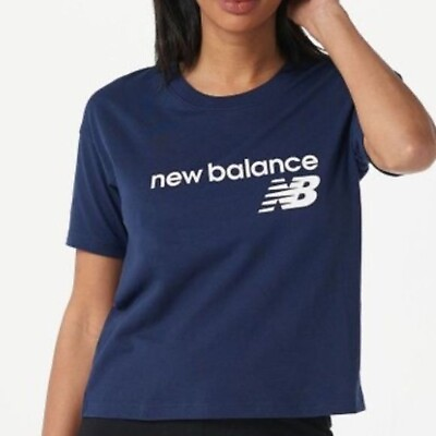 #ad NWT New Balance Womens Pigment Stacked Core Relaxed Fit Navy Cotton TShirt LARGE $16.50