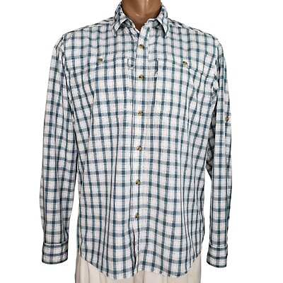 #ad LL Bean L S Vented Shirt Large Blue White Plaid Quick Dry Tab Sleeve Pockets $21.99