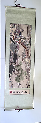 #ad Chinese Painting Hanging Scroll Bridge Boats Water Scenery Park Cottages Signed $21.98