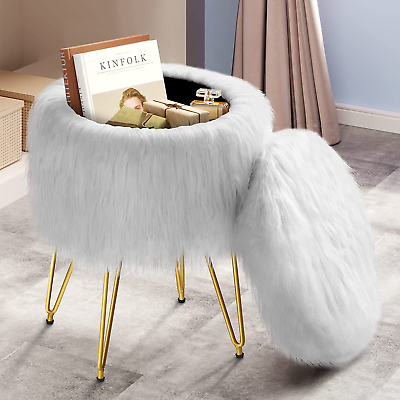 #ad Vanity Stool Chair with Storage 15.75quot; W X 19.29quot; H round Faux Fur Ottoman with $43.99