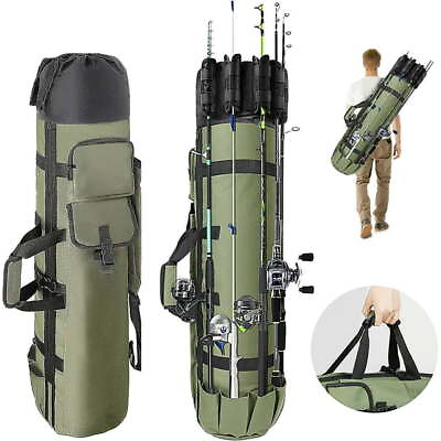 #ad Fishing Bag Campmoy Durable Canvas Fishing Rod Bag 5 Poles and Tackle Green $20.49
