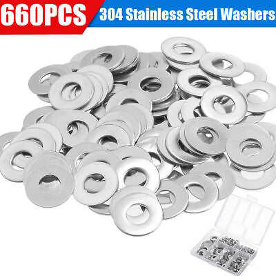 #ad 660 Pieces of 304 Stainless Steel Washers Flat Washer Assortment Set Kit 6 Sizes $7.33