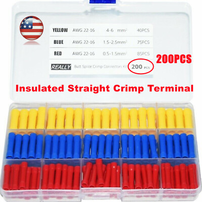 #ad 200PCS Insulated Straight Crimp Terminals Cable Butt Electrical Wire Connectors $13.99
