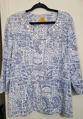 #ad Ruby Red Blueamp; White Pull On Blouse Sequined amp; Gemstone Neckline Women#x27;s Sz 2x $9.50