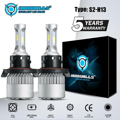 #ad IRONWALLS H13 9008 LED Headlight Bulbs Kit 1800W 270000LM Hi Lo Beam 6000K White $17.99