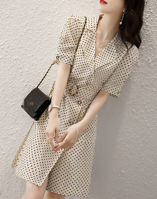 #ad Women Elegant Korean Polka Dot Belt A line Business Workwear Casual Suit Dress $34.39