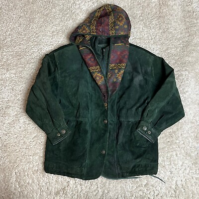 #ad VTG Adventure Boun Wilsons Jacket Adults M Green Suede Southwest Blanket Hooded $40.49