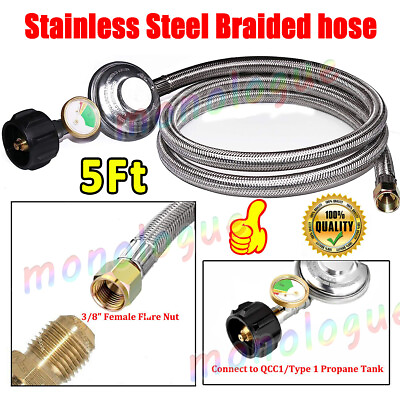 #ad 5FT LP Gas Propane Stainless Steel Braided Hose with Propane Tank Gauge for QCC1 $25.99