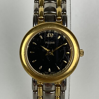 #ad Pulsar Watch Women Silver Gold Two Tone 23mm Black Dial V700 X019 New Battery 7quot; $24.99