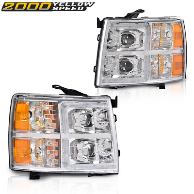 #ad Fit For Chevy Silverado 2007 2014 Chrome Housing Amber Corner LED DRL Headlights $165.64