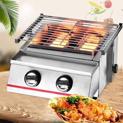 #ad Portable 2 Burner Gas BBQ Grill Tabletop Camping Smokeless Grill Stainless Steel $57.86