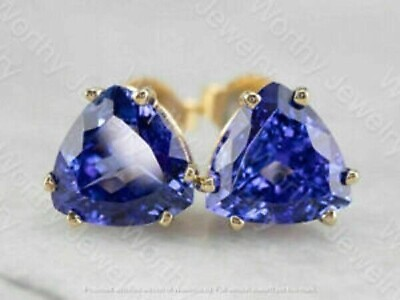 #ad 10k Yellow Gold 4Ct Trillion Cut Blue Tanzanite Solitaire Stud Earrings $65.40