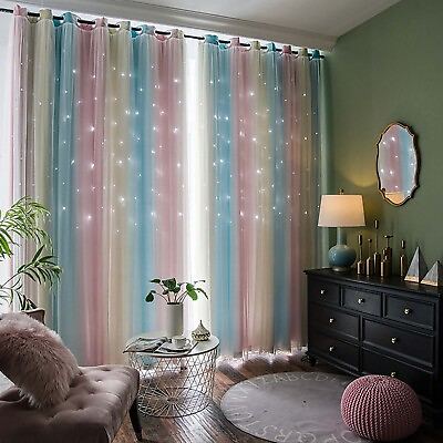 #ad 1 Panels Stars Curtains for Girls Bedroom Colorful Double Layer Rainbow Curtains $20.05