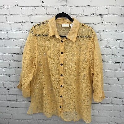 #ad Alfred Dunner Top Womens 2X Yellow Sheer Floral Button Up Lightweight 20W Casual $13.79