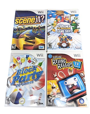#ad Wii Lot of 4 Party Games: Scene It Block Party Club Penguin amp; Raving Rabbids $22.99