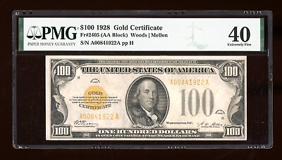 #ad DBR 1928 $100 Gold Certificate Fr. 2405 PMG XF 40 Serial A00841922A $3449.50