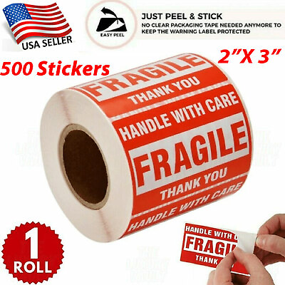 #ad Fragile Stickers 1 Roll 500 2x3 Fragile Label Sticker Handle With Care Mailing $8.69
