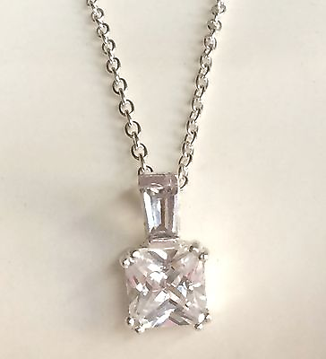 #ad Sterling Silver Radiant Princess Cut Necklace 18quot; Cubic Zirconia 925 Wedding $19.99