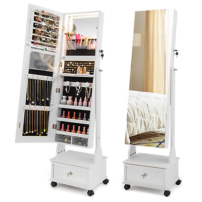 #ad Jewelry Cabinet Armoire Full Length Mirror Lockable w  3 Color LED Lights White $149.99