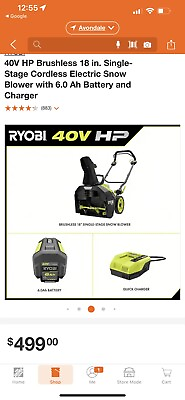 #ad Ryobi RY40890VNM 40V HP Brushless 18 in. Single Stage Cordless Electric Snow... $300.00