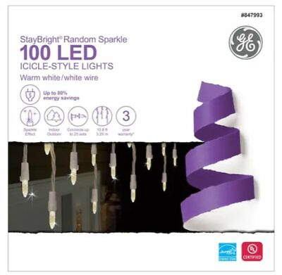 #ad GE StayBright 100 Count Sparkling Warm White Icicle LED Christmas Light $34.99