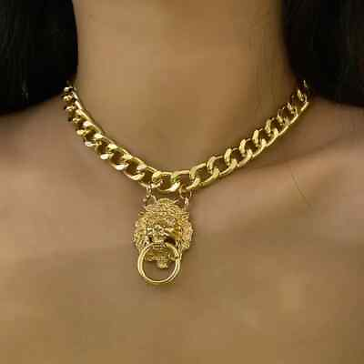 #ad Women Gold Plated Lion Head Pendant 17quot; Cuban Choker Bling Chain Luxury Necklace $14.99