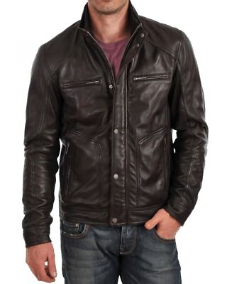 #ad New Leather Jacket Mens Biker Motorcycle Real Leather Coat Slim Fit Black #683 $118.00