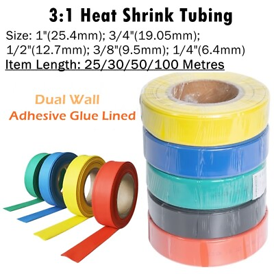 #ad 100 Metres 3:1 Heat Shrink Tubing Roll Wire Wrap Adhesive Glue Lined Waterproof $199.99