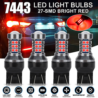 #ad 4X 7443 LED Strobe Flashing Safety Alert Brake Tail Light Stop Parking Bulbs Red $11.48