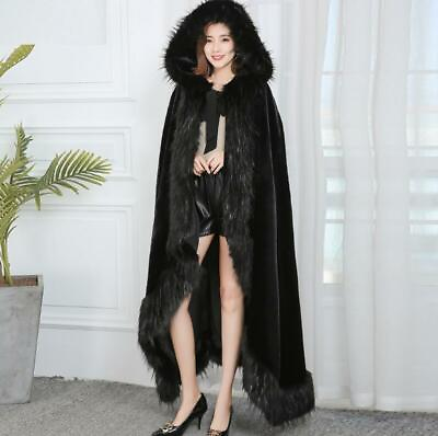 #ad Black Womens Mink Fur Cape Hooded Extra long Swing Poncho Coat Vintage Loose New $199.75