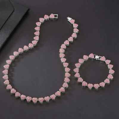 #ad Women Necklace amp; Bracelet Iced Heart Chain Bling Pink Cubic Zirconia Silver Tone $22.99