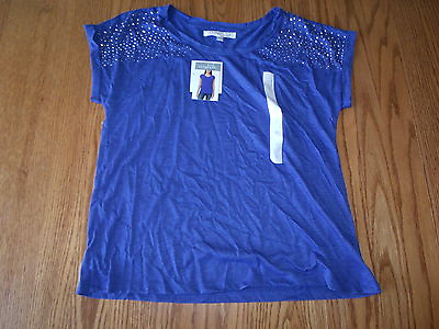 #ad Nwt Womens Ellen Tracy Company Marina Blue Short Sleeved Embellished Shirt Small $14.95