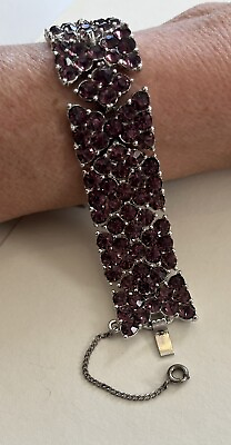 #ad Vintage 1947 Bogoff Purple Rhinestone Heavy Silver Rhodium Bracelet $115.00