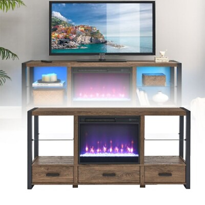#ad Modern 60 inch Electric Fireplace Media TV Stand With Sync Colorful LED Lights $425.59