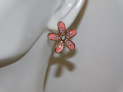 #ad Dainty Pink Enamel Daisy Flower Rhinestone Pierced Earrings 10f 103 $20.69
