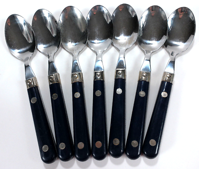 #ad 6 x Hampton Silversmiths Flatware Blue Spoons Stainless China 226 MCM Vtg Kitsch $16.99