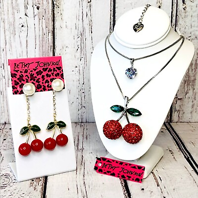 #ad Betsey Johnson Crystal Cherry 2in1 Necklace amp; Dangle Earrings Set Red Cherries $29.95