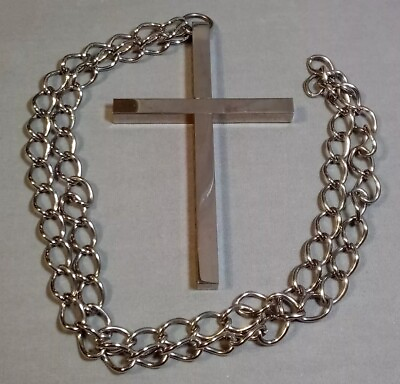 #ad Vintage Large Heavy Silver Tone Metal Cross Pendant Thick Curb Chain Necklace $21.95