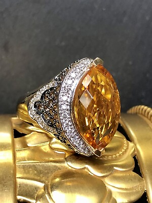 #ad Estate 14K Brown White Diamond Marquise Citrine Large Cocktail Ring Sz 8 $1485.00