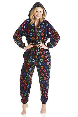 #ad Camille Womens All In One Warm Cosy Hooded One Piece Multi Colour Paw Print GBP 26.99