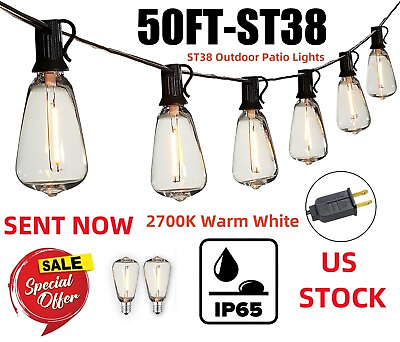 #ad 50FT Long Outdoor String Lights for Patio Waterproof Connectable ST38 LED Light $28.76