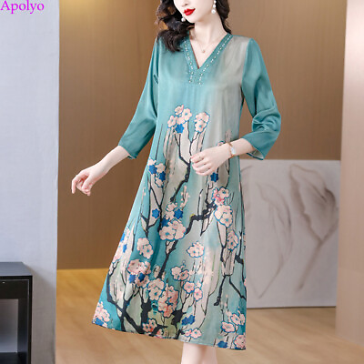 #ad Ethnic Retro Women Embroidered V neck Floral Silk Blend Tunic Shirt Kaftan Dress $11.03